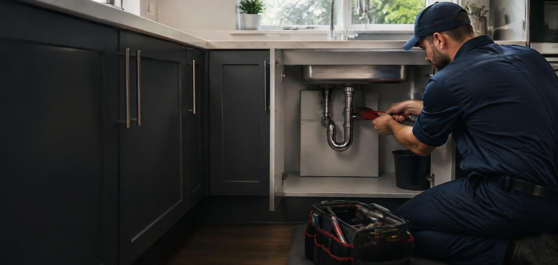 Plumber repairing pipes under a kitchen sink